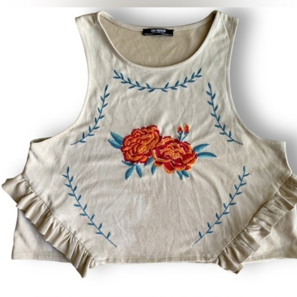 Zara Cream Cropped Tank with Orange Embroidered Floral